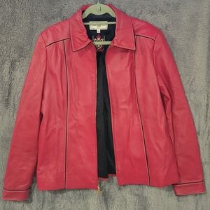 St John Sport Marie Gray Red Leather Jacket Full Zip Womens